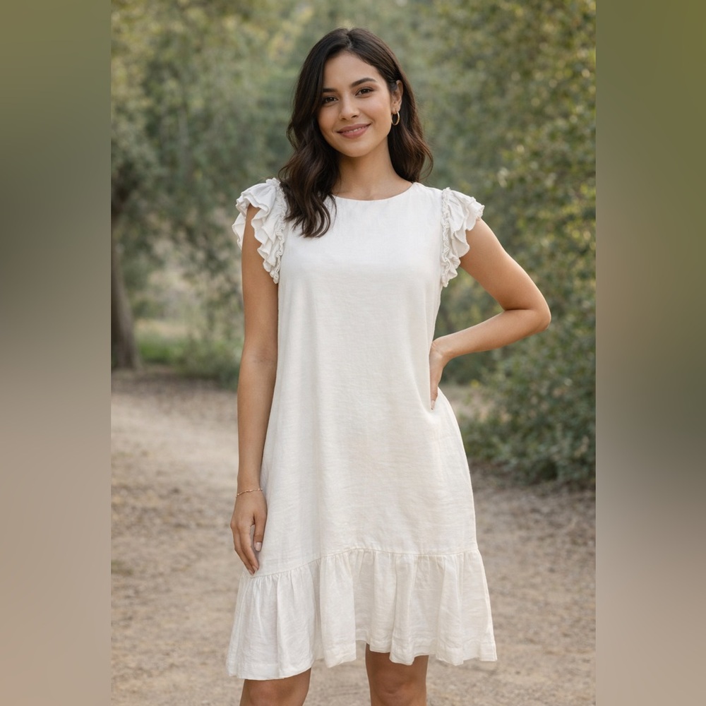 CeCe White Dress with Ruffle Sleeves